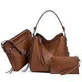 Realer Tote Bag für Frauen PU Leder Schultertaschen Mode Hobo Taschen Große Geldbörse und Handtaschen mit verstellbarem Schultergurt, A-Braun-3 Stück-m, Medium