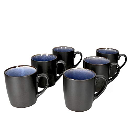 MamboCat Reactive Blue 6er Kaffeebecher-Set I moderne Kaffeetassen aus Steingut für 6 Personen - robust & handgefertigt I 6x große Tee-Tasse - Design in Kupfer-Optik schwarz-blau I Tassen-Set 6er