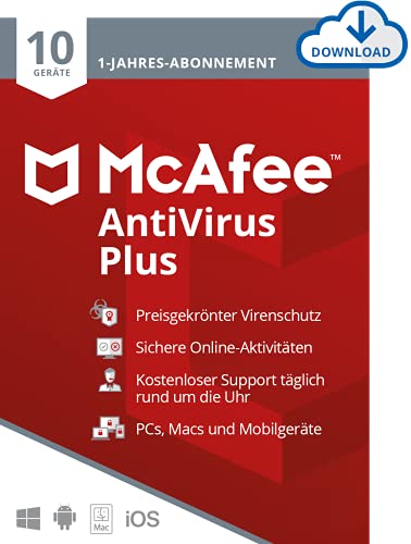 McAfee AntiVirus Plus 2021 | 10 Geräte | 1 Jahr | PC/Mac/Smartphone/Tablet | Aktivierungscode per Email
