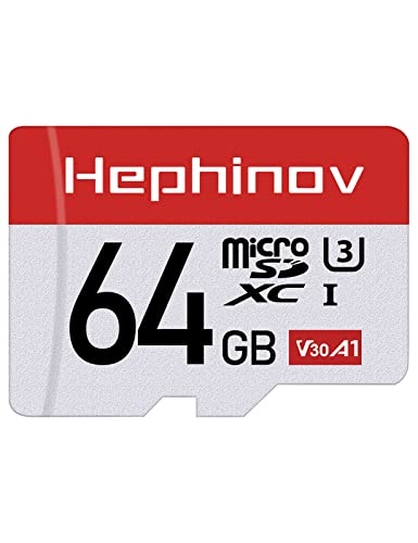 Hephinov 64G Micro SD Karte bis zu 100MB/s(R), MicroSDXC Speicherkarte + SD Adapter mit A1, V30, U3, C10, 4K UHD Memory Card für Smartphone, Switch, Tablet, Action-Kamera, Drohne und Notebook