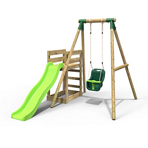REBO Babyschaukel inkl. Rutsche aus Holz Schaukel Spielturm | Kinder Schaukelgestell Outdoor | Einstellbare Schaukelhöhe, weiches Gefühl in den Seilen | Lange Lebensdauer