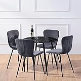GOLDFAN Esstisch mit 4 Stuhl Glastisch Marmor Schwarz und Smat Stuhl Runder Tisch Glas Wohnzimmertisch Klein für Wohnzimmer Küche, Grey