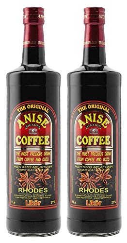 Kaffee Ouzo Likör 2x 1,0l 21% | Das Original von Rhodos | Anis Coffee Aigaion | + 1 x 20ml Olivenöl'ElaioGi' aus Griechenland