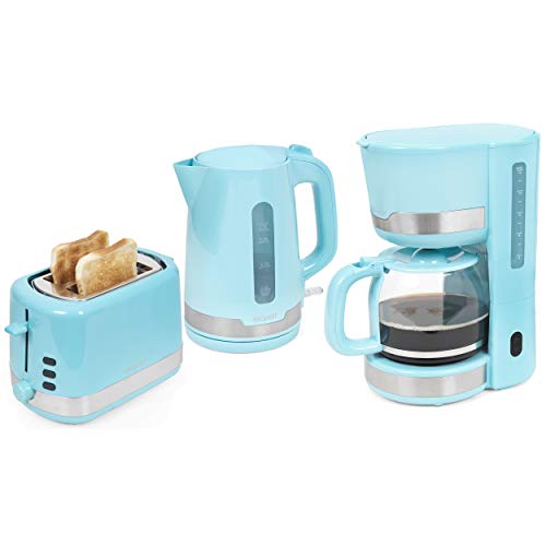 Exquisit Frühstücksset FS 7102 ppi | 2 Scheiben Toaster | Wasserkocher | Teekocher | Kaffeemaschine | Kaffeeautomat | Blau | Frühstücken | Toast und Kaffee