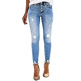 Jeanshosen Damen mit Löcher Damen Dehnbare hoch taillierte Boyfriend-Jeans mit geradem Bein und ausgefransten -Denim-Hosen (A, M)