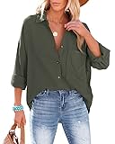 NONSAR Bluse Damen Lässiges Hemd mit V-Ausschnitt 100% Baumwolle Lockere Passform Solide Dickes Oberteil Elegant mit Tasche(9353XXL,Armeegrün)