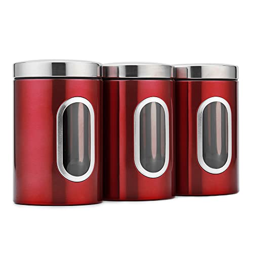 Aoresac 3 Stück Edelstahl Vorratsdosen Set, 1.5L Hohe Kapazität Müslidosen Kaffeedosen Geeignet für Getreide, Kaffeebohnen, Tee, Snacks (Rot)