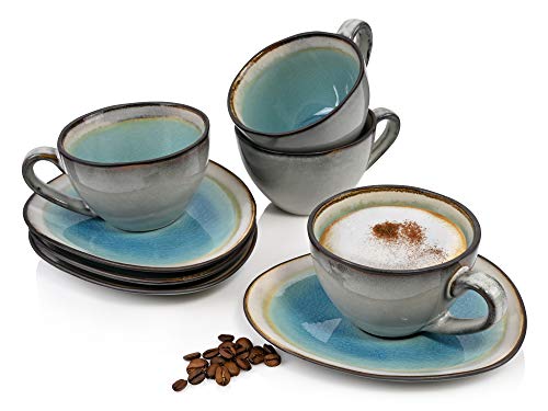 SÄNGER | Kaffeetassen Set Capri mit Untertassen, 8-teiliges Tassen Set aus Steingut, modernes Vintage Design | 230ml