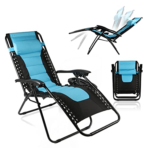 BIGTREE Laminierte Baumwoll-Sonnenliege Klappbar, Lounge Campingliege, Liegestuhl mit Verstellbare Rückenlehne, Strandliege Gartenliege für Balkon, Outdoor (Blau)