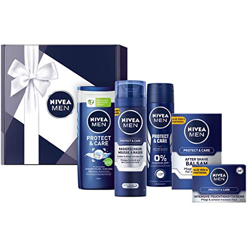 NIVEA MEN Geschenkbox Protect & Care, Geschenk für Männer mit Deo, Pflegedusche, After Shave, Rasierschaum und Gesichtscreme, Geschenkset für den gepflegten Mann