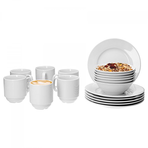 Van Well Trend 36-tlg. Frühstückservice Porzellan weiß für 12 Personen, Frühstücksteller + Kaffeebecher + Müslischalen