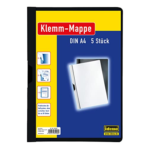 Idena 300567 - Klemm-Mappe für DIN A4, schwarz, 5 Stück, Fassungsvermögen bis zu 30 Seiten