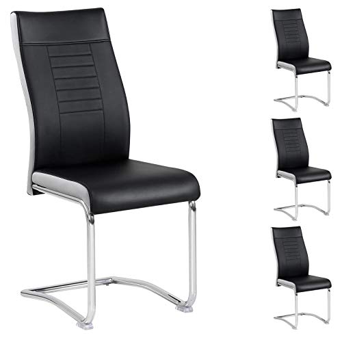 CARO-Möbel 4er Set Esszimmerstuhl Küchenstuhl Schwingstuhl Loano, Gestell in Chrom, Bezug aus Lederimitat in schwarz/weiß