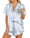 Hotouch Kurz Schlafanzug Damen Sommer Satin Pyjamas Set Kurzarm Frauen, Streifen Blau XL