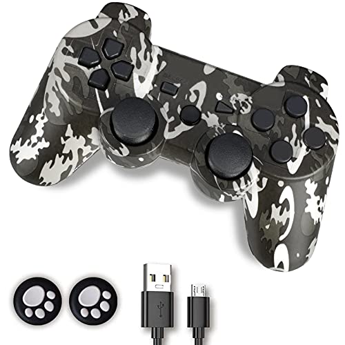 PS3 Controller, Controller PS3, Wireless Controller für PS3, Double Shock 6-Achsen Joystick kompatibel für Playstation 3, Ergonomisches Gamepad mit Mini-B Kordel und Daumengriffen (Camouflage Grey)