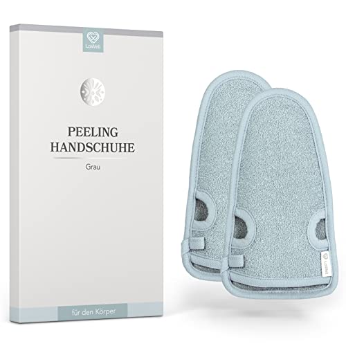 LoWell® 2 Stück Peelinghandschuh - Hamam Peeling Handschuh für Körper und Gesicht - Bonus Peeling Guide und 2 Saugnäpfe - Grau
