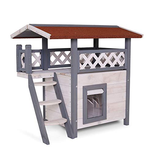 lionto Katzenhaus Lodge Holz für Katzen mit Terrasse und Treppe 77x50x73 cm, grau/weiß