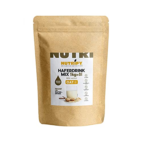 NUTRIFY Haferdrink-Pulver glutenfrei 1000 g, Hafergetränk zum selber Mixen, Ergibt bis zu 8 Liter, 85% weniger Verpackungsmüll, Ohne Zuckerzusatz, Vegan, Natürlich