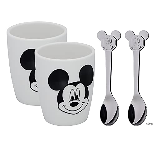 WMF Disney Mickey Mouse Tassen Set S, 2 kleine Tassen mit Löffel, Espressotasse, Porzellan, Cromargan Edelstahl poliert, spülmaschinengeeignet