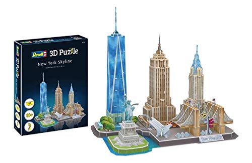 Revell 3D Puzzle 00142 New York Skyline mit Empire State Building, Freiheitsstatue und Brooklyn Bridge Die Welt in 3D entdecken, Bastelspass für Jung und Alt, farbig