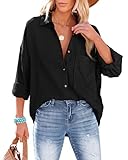 NONSAR Bluse Damen Lässiges Hemd mit V-Ausschnitt 100% Baumwolle Lockere Passform Solide Dickes Oberteil Elegant mit Tasche(9353L,Schwarz)