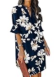 JOCAFIYE Freizeitkleider für Frauen Blaues Kleid mit weißen Blumen Gerüschte Ärmel V-Neck Straight Fit Kleid Blaue Blume XL