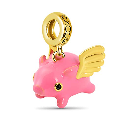 GNOCE Fliegende Schweine Rosa Charms Anhänger Sterling Silber 18 Karat vergoldetes Flying Pig Tiere Beads Charm Fit Armband/Halskette für Frauen Mädchen