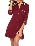 COLORFULLEAF Nachthemd Damen Kurzarm Baumwolle Stillnachthemd Damen Schlafshirt mit Knopfleiste Hemdkleid Damen(Weinrot,XL)