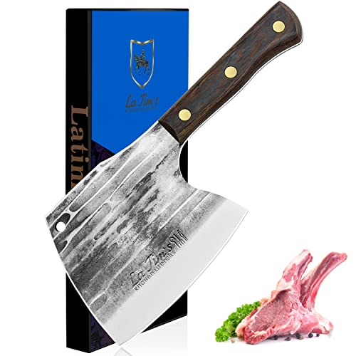 LA TIM'S Hackmesser, 0,85KG schweres Hackbeil, handgeschmiedetem Kohlenstoffstahl Fleischbeil, Fleischermesser zum Hacken von Knochen, Massivholzgriff