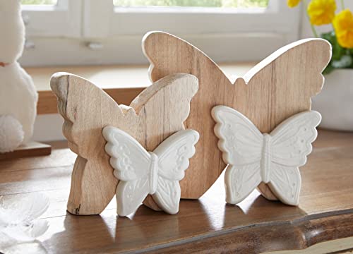 2 Deko Schmetterlinge aus Holz & Porzellan, weiß glänzend, Dekofigur, Holzdeko