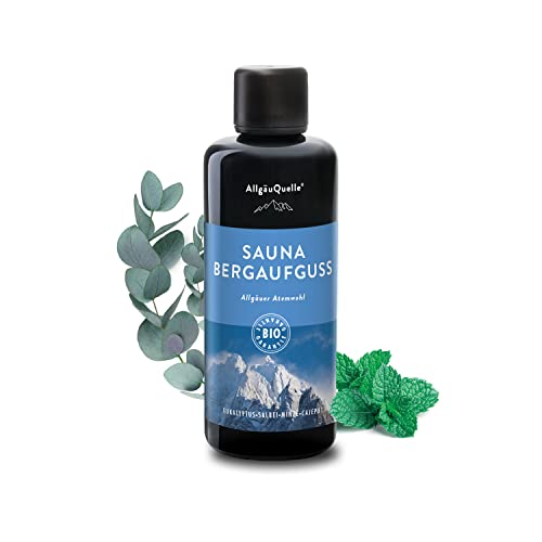 AllgäuQuelle® Saunaaufguss mit 100% BIO-Öle Atemwohl Eukalyptus Minze Salbei Cajeput (100ml). Natürlicher Sauna-aufguss m. ätherische Sauna-Öle im Aufguss-Mittel. Saunaöl naturrein Bio-Saunaduft
