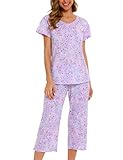 ENJOYNIGHT Schlafanzug Damen Kurz Pyjama Set Baumwolle Nachtwäsche Kurzarm-Top und 3/4 Lange Hose Hausanzug Sommer Sleepwear (3X-Large,Lila)