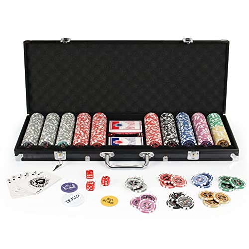 Display4top Pokerkoffer 500 Chips Laser Pokerchips Poker 12 Gramm , 2 Karten, Händler, Small Blind, Big Blind Tasten und 5 Würfel, Schwarz mit Aluminium-Gehäuse
