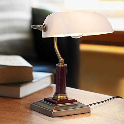 Lightbox stilvolle Bankerlampe - Schreibtischlampe mit schwenkbarem Kopf und Schalter - Glas/Metall/Holz - 34cm Höhe