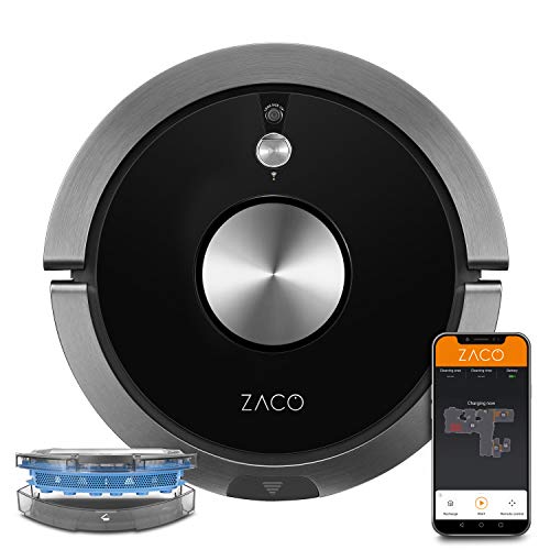 ZACO A9sPro Saugroboter mit Wischfunktion, App & Alexa, 7,6 cm flach, Staubsauger Roboter mit Raumkarte & Mapping, bis 2h Laufzeit, leiser Roboterstaubsauger für Teppich, Tierhaare & Parkett, schwarz
