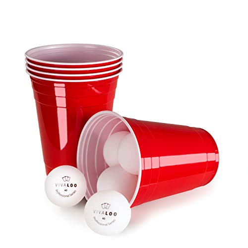 Vivaloo 50 wiederverwendbare Trinkbecher, Bierpongset inkl. 6 Bälle und offizieller Spielanleitung - Trinkbecher Red Cups, Rote Beer Pong Becher 473ml 16oz