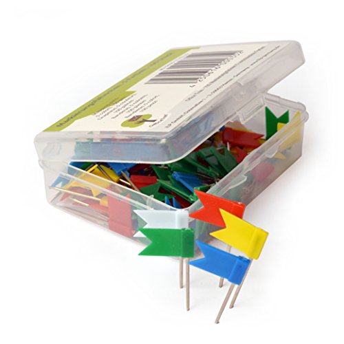 OfficeTree ® Markierungsfähnchen - 100 Stück 5 Farben - perfekte Kennzeichnung und Übersicht auf Landkarten Weltkarten Pinnwand - Landkarten-Nadel Markierungszubehör - in praktischer Aufbewahrungsbox