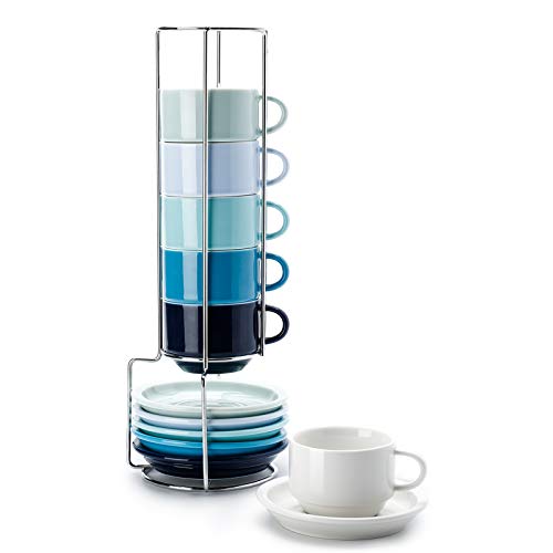 Sweese 405.003 6-teilig Stapelbare Espressotassen Set aus Porzellan, Kaffeetassen mit Untertasse und Metall Ständer, Blaue Serie, 120 ml