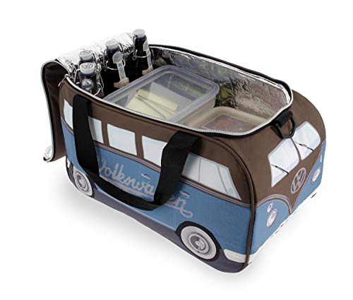 BRISA VW Collection - Volkswagen isolierte Kühl-Wärme-Thermo-Picknick-Lunch-Tasche-Box für Lebensmittel im T1 Bulli Bus Design (Petrol & Braun/25 L)
