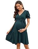 KOJOOIN Damen Umstandskleid V-Ausschnitt Stillkleid Elegant Puff Ärmel Schwangerschafts Kleider mit Rüsche Armeegrün(Kurzarm) L