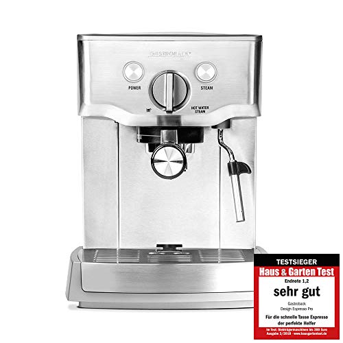Gastroback 42709 Design Espresso Pro, Espressomaschine mit Siebträger, Milchaufschäumdüse, 15 bar, 1.5 L, Thermoblock-Heizsystem, 18/8 Edelstahl