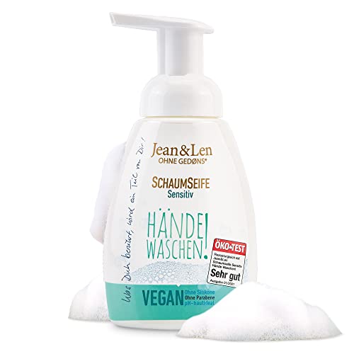 Jean & Len Schaumseife Sensitiv Hände Waschen!, zart schäumende Seife für sensible Haut, Schaumseife für saubere Hände, ohne Parabene und Silikone, pH-Hautideal, vegan, 250 ml