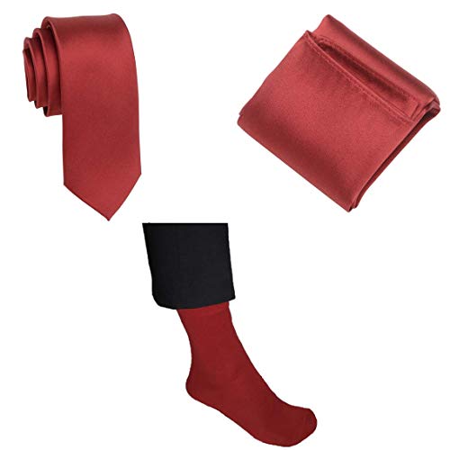 Einstecktuch mit Socken und Krawatte im Premium-Set in rot 100% Seide inkl. Geschenkverpackung im gleichen einfarbigen Farbton als Accessoires für den Herren-Anzug | ideal für die Hochzeit