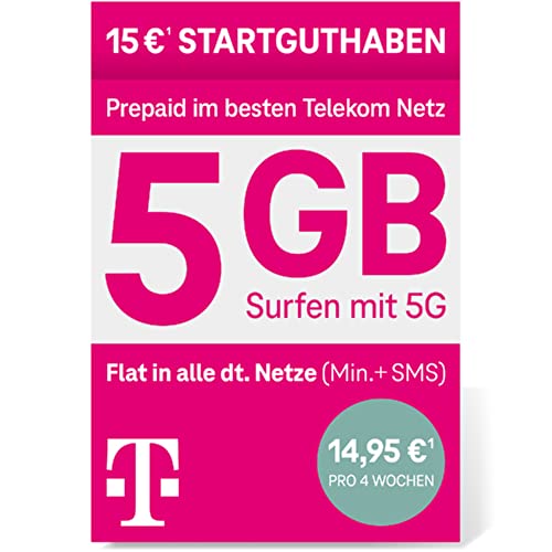 Telekom MagentaMobil Prepaid L SIM-Karte ohne Vertragsbindung I inkl. 5 GB & Allnet Flat (Min, SMS) in alle dt. Netze + EU-Roaming I Surfen mit 5G/ LTE Max & HotSpot Flat I 15EUR Startguthaben