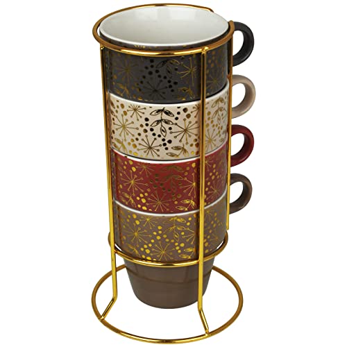 Tassen Set mit Ständer 5tlg. Gold Kaffee Cappuccino 4 Kaffeetassen Porzellan Kaffeebecher Halter Henkeltassen