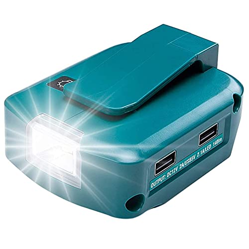 ADP05 Stromquelle für Makita 18V Lithium-Ionen Akku YEX-BUR USB Telefonladeadapter Konverter mit Zwei 5V 2.1A USB Ports, 12V 2A DC Port, 3W 140LM LED Arbeitslicht Taschenlampe