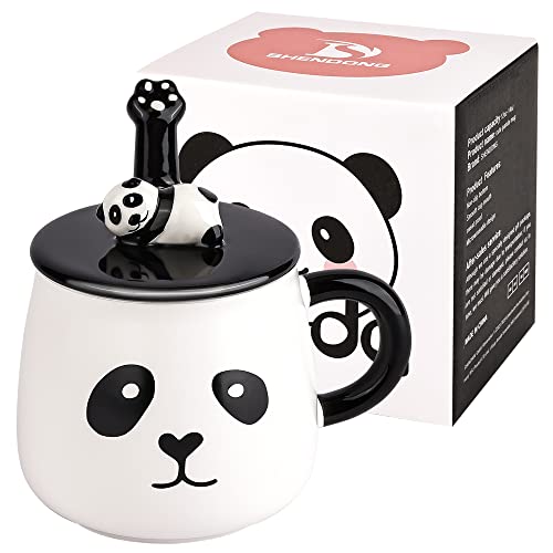 Schwarz Panda-Becher Süße Kaffeetasse aus Keramik mit 3D-Panda-Deckel und Löffel Panda-Kaffeetasse Neuheit Kaffee Tee Milchbecher Geschenke für Panda-Liebhaber Frau Freunde Kinder Mama Mädchen