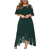 Uhoney Langes Kleid für Damen, modisch, lässig, einfarbig, Übergröße, Rundhalsausschnitt, sexy Spitze, kurze Ärmel, lockerer Pullover, Maxikleid, grün, XXXXXL