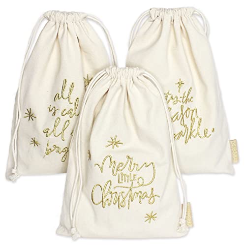 Papierdrachen 3 Geschenksäckchen zu Weihnachten - wunderschön bestickt und ideal zum nachhaltigen Verpacken von Weihnachtsgeschenken - Cremefarben gold bestickt - 20x30 cm - Set 9
