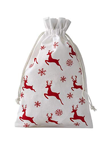 6 Baumwollsäckchen, Baumwollbeutel - Weiss mit roten Rentieren, Adventskalender, Weihnachten, Geschenkverpackung, Dekoration, Hirsch (15x10 cm)